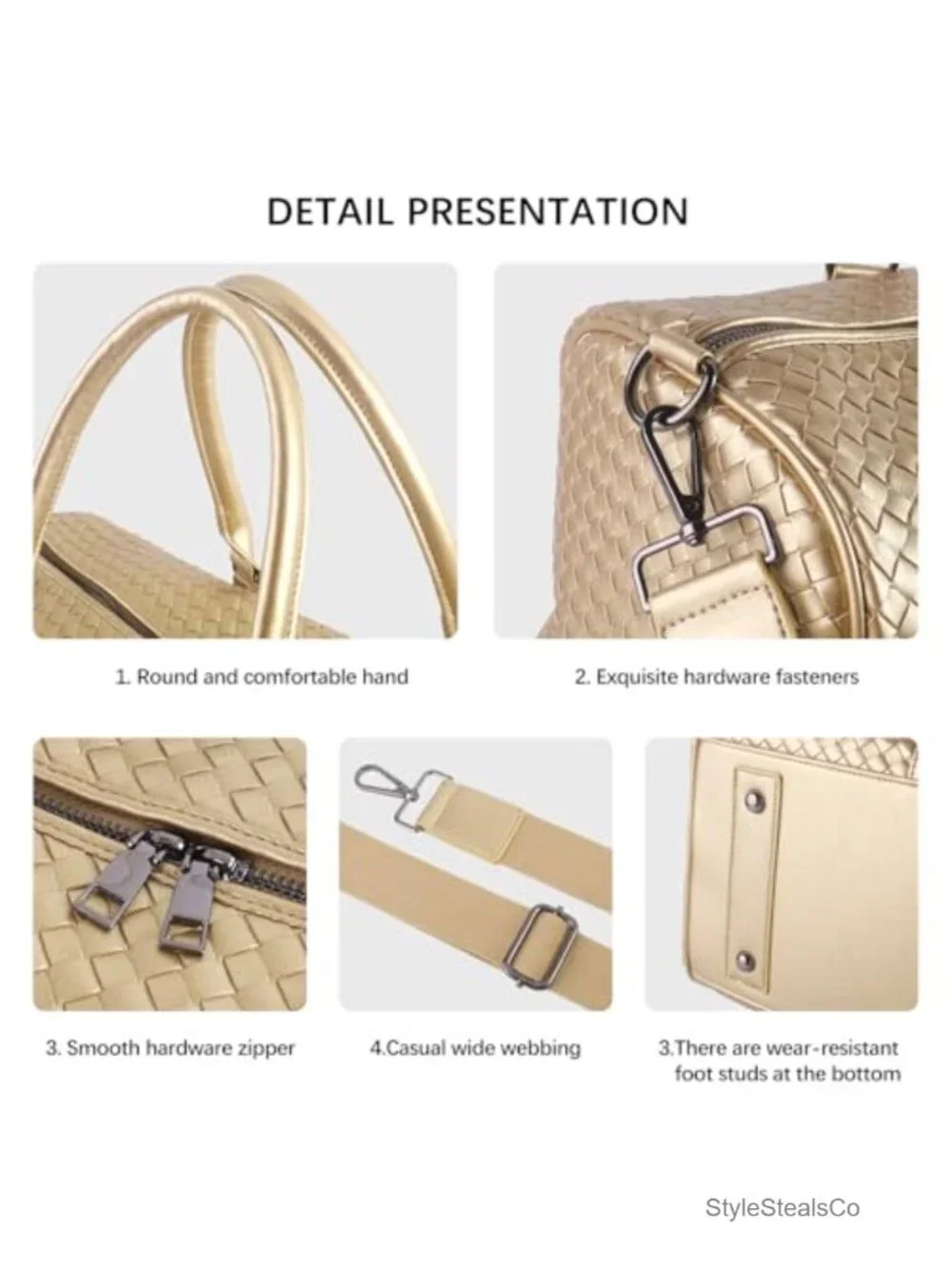 Woven Leather Travel Duffle Bag with Shoe Compartment, Carry On Gym Tote